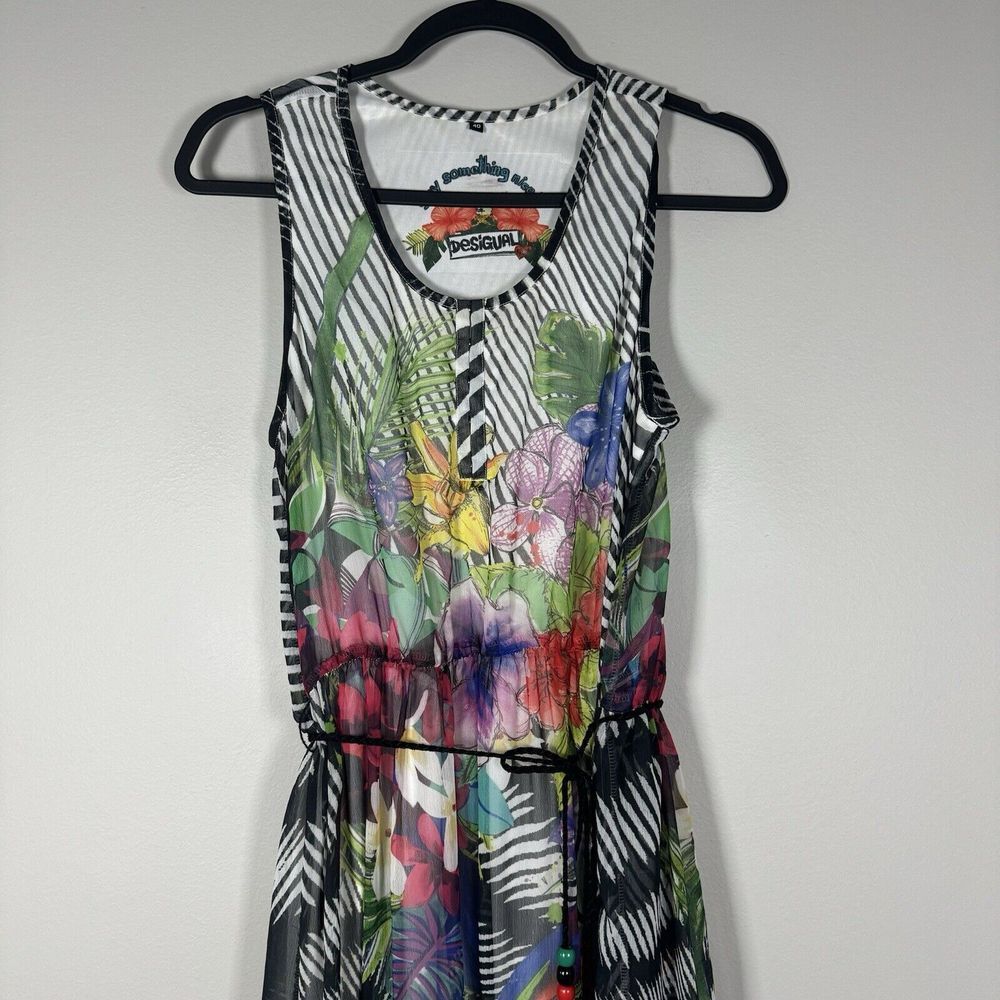 Desigual Size 40 Black White Floral Gusti Sleeveless Belted Knee Length Dress - Picture 3 of 10